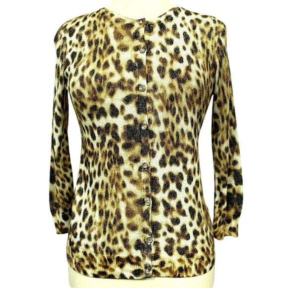 Joseph A. Metallic Leopard Print Button Front Cardi Long Sleeve Sweater Sz M - Picture 6 of 7
